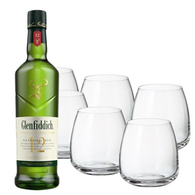 Glenfiddich 12 Year Old Whisky 70cl with Six Bohemia Anser Tumblers